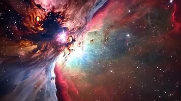 Fantasy animation scene cosmic tapestry. An awe-inspiring celestial nebula glows with vibrant colors and swirling patterns, illuminating the vast expanse of space with cosmic beauty. video