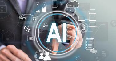 Technology and people concept man use AI to help work, AI Learning and Artificial Intelligence Concept. Business, modern technology, internet and networking concept. AI technology in everyday life. photo
