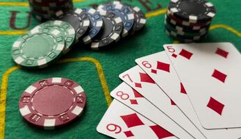 Poker cards with combination. The winning combination in a game in a poker club. The concept of luck in the poker game. photo