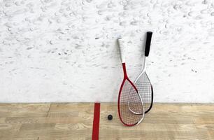 Sports, above and racket on squash court for competition, challenge and training center. Exercise, interior and empty room with top view of wooden floor of gymnasium for games, fitness club and gear photo