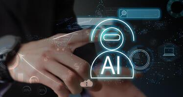 Ai tech, businessman show virtual graphic Global Internet connect robot Chat with AI, Artificial Intelligence. Using command prompt for generates something, Futuristic technology transformation. photo