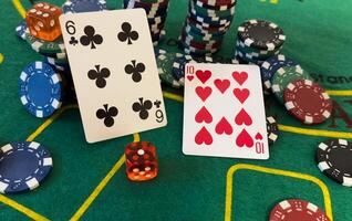 Poker cards with win combination. The player hand holds a winning combination in a game in a poker The concept of luck in the poker game A winning combination in poker is two aces on a table of chips photo