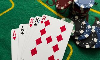 Poker cards with combination. The winning combination in a game in a poker club. The concept of luck in the poker game. photo