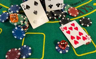 Poker cards with win combination. The player hand holds a winning combination in a game in a poker The concept of luck in the poker game A winning combination in poker is two aces on a table of chips photo