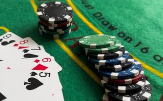 playing chips and playing cards close-up. the view from the top photo