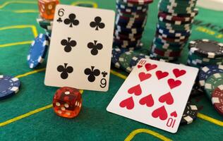 Poker cards with win combination. The player hand holds a winning combination in a game in a poker The concept of luck in the poker game A winning combination in poker is two aces on a table of chips photo