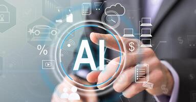 Human interact with AI artificial intelligence brain processor in concept of AI artificial intelligence engineering, big data and AI machine learning to use for business support. Faas photo