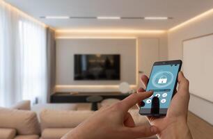 Young woman holding smart phone with launched security application at home. Concept of controlling and managing home security from a mobile device photo