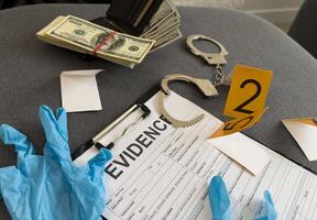 Money, handcuffs and fingerprint record sheets on wooden background, top view with space for text. Criminal investigation photo