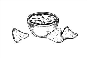 Nachos and salsa sauce bowl hand drawn realistic graphic sketch illustration. Mexican traditional triangle corn chips with guacamole dip. Fast food snack for menu design, branding design. vector