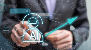 Ai technology, Artificial Intelligence. man using technology smart robot AI, artificial intelligence by enter command prompt for generates something, Futuristic technology transformation. Chat with AI photo