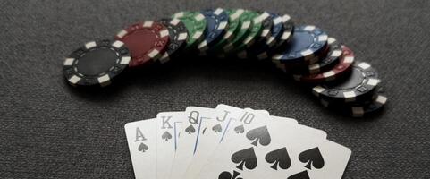 A popular and exciting poker game with a winning combination. Playing cards and chips on a table in a poker club. Advertising space. photo