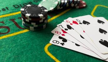 Poker cards with combination. The winning combination in a game in a poker club. The concept of luck in the poker game. photo