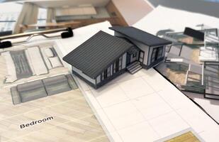 Architectural model on desk , drawing technical tools and blueprints. Architecture, building, construction and real estate business. photo