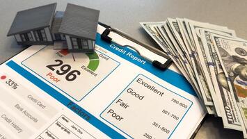 Credit score, report, rating and contract - documents on the table. photo