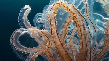 A high-definition shot emphasizing the fluid, almost ghostly appearance of jellyfish tentacles. photo