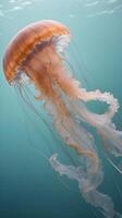 A macro photograph highlighting the delicate, see-through tentacles of a jellyfish. photo