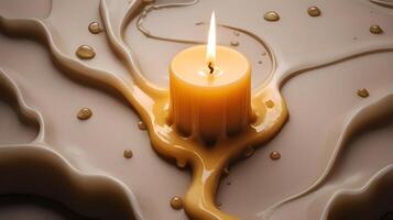 A detailed close-up of layered, solidified candle wax drips and flowing curves. photo