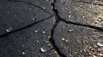 A detailed close-up showing snowflakes melting and blending with the rough texture of asphalt. photo