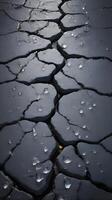 A crisp, high-resolution image capturing melting snowflakes on a textured, weathered asphalt road. photo