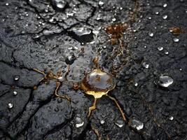 A high-definition photograph showing the transition of snowflakes melting over rough asphalt. photo