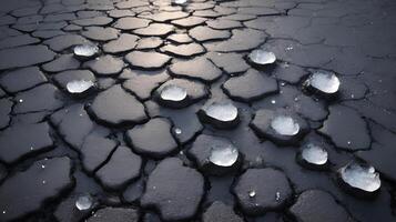 A high-resolution macro image showing melting snowflakes on uneven asphalt. photo