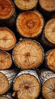 A close-up view of cut logs displaying their natural wood grain and rough bark. photo