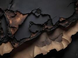 A high-resolution macro of burnt paper crumbling into dark fragments. photo