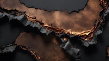 A high-resolution close-up of scorched, fragile paper breaking apart. photo