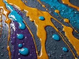A close up of dripping, glossy wet paint forming natural patterns. photo