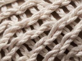 A close view of interlaced threads forming a knitted pattern. photo
