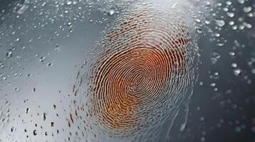 A detailed macro shot showing a fingerprint mark on reflective glass. photo