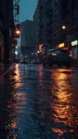 A macro view of neon hues reflecting on a wet, reflective street surface. photo