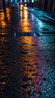A high-definition capture of neon city lights mirrored on a rain-slicked road. photo