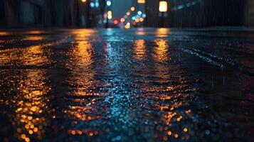 A striking macro shot of neon city lights mirrored on a wet, rain-soaked surface. photo