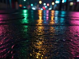 A close-up view of vibrant neon reflections on a rain-drenched surface. photo