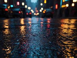 A zoomed-in perspective of neon signs glowing on a rain-washed surface. photo