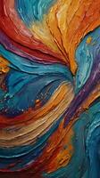 A zoomed-in view of raised, multi-colored oil paint strokes on canvas. photo