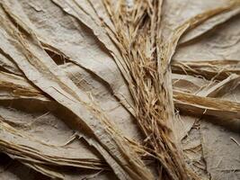 A close-up macro showing rough, fibrous edges of ripped paper. photo