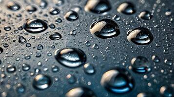 A zoomed-in perspective of water droplets scattered on metallic material. photo