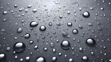 A close-up view of water droplets beading across a metal surface. photo
