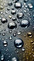 A close-up capture of water droplets scattered across a metal surface. photo