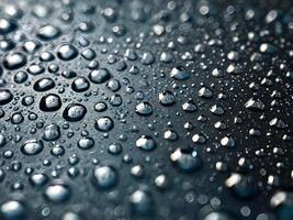 A high-definition close-up of water droplets resting on a metallic surface. photo