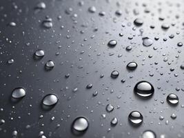 A detailed macro shot of water droplets forming beads on metal. photo