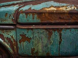 A macro capture of chipped paint on an aging car, uncovering rusty metal below. photo