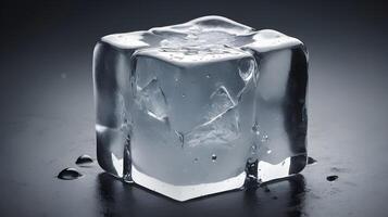A close-up of a melting ice cube with visible cracks, releasing droplets of water. photo