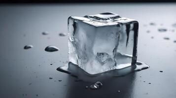 A macro shot of a melting ice cube, showcasing visible cracks and surrounding water drops. photo