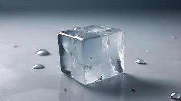 A high-definition shot of a melting ice cube, with cracks and glistening water droplets. photo