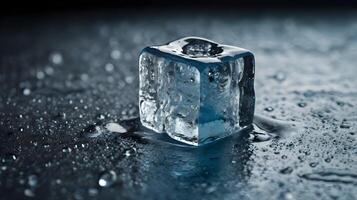 A sharp image of an ice cube melting, revealing cracks and water droplets. photo