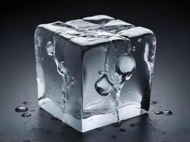 A detailed view of a melting ice cube with visible fractures and water beads on the surface. photo